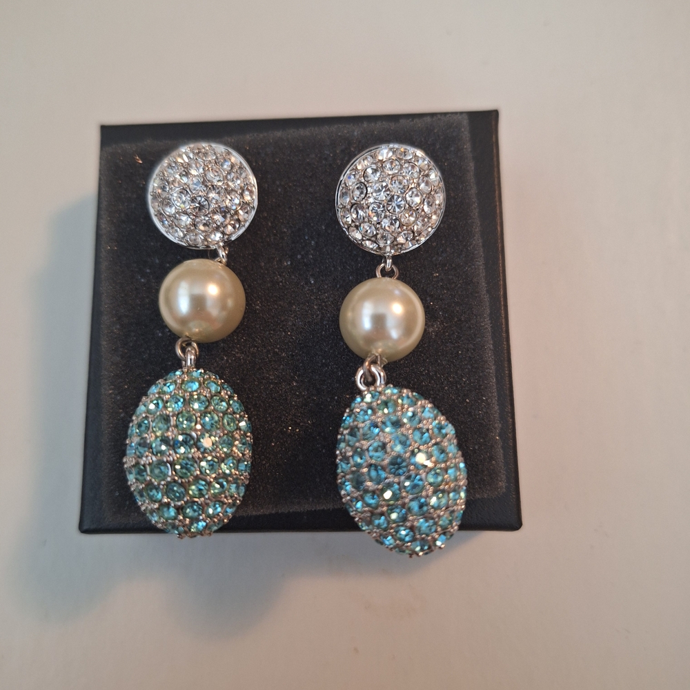 Heidi Daus Silver and Blue Crystal Pearl Earrings